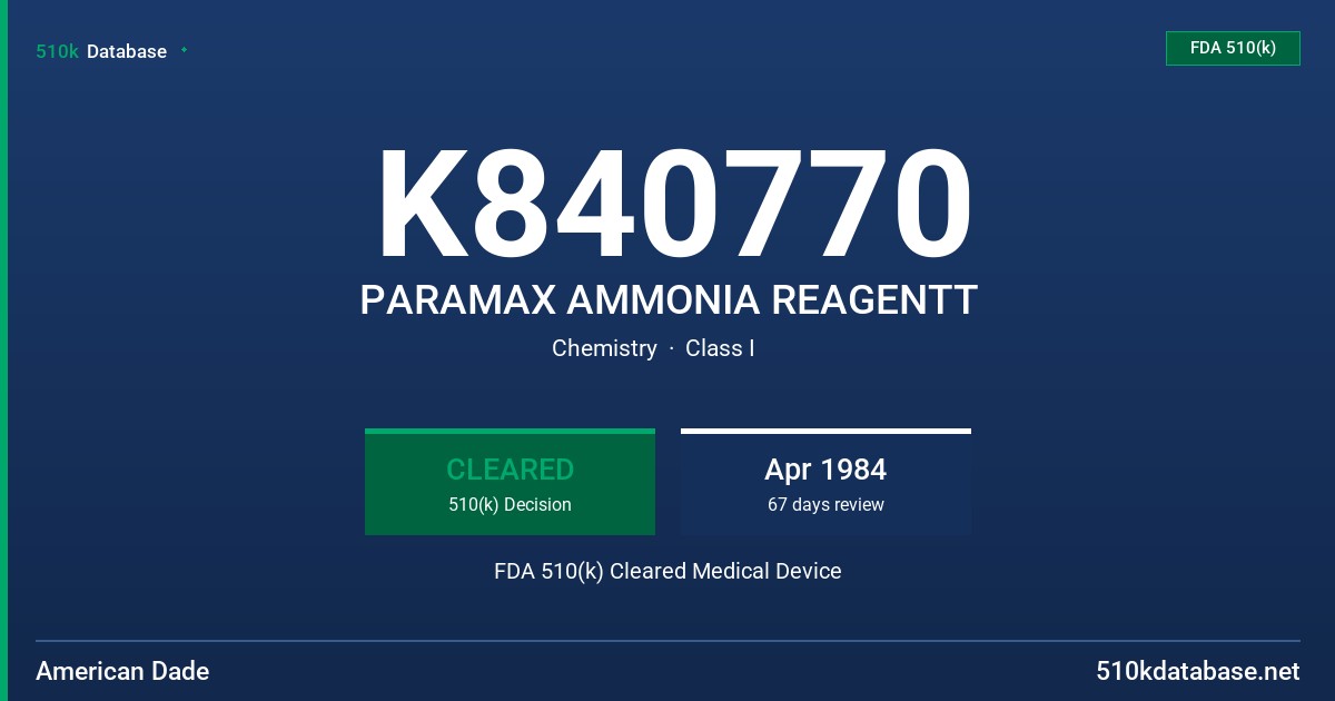 K840770 PARAMAX AMMONIA REAGENTT FDA 510(k) Cleared Medical Device