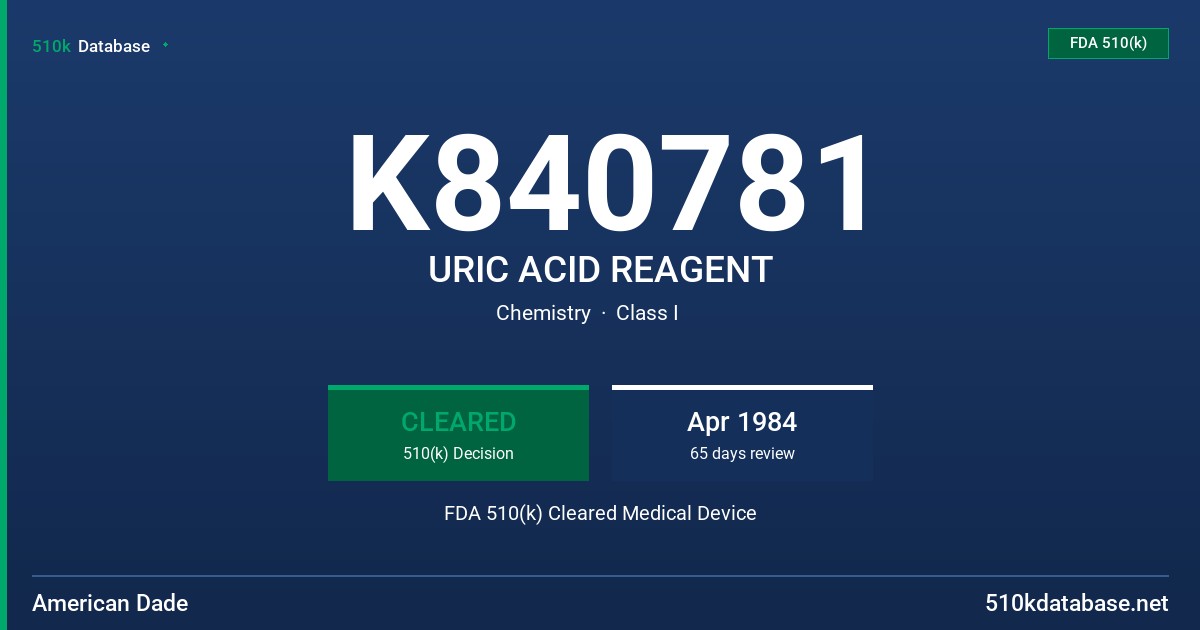 K840781 URIC ACID REAGENT FDA 510(k) Cleared Medical Device