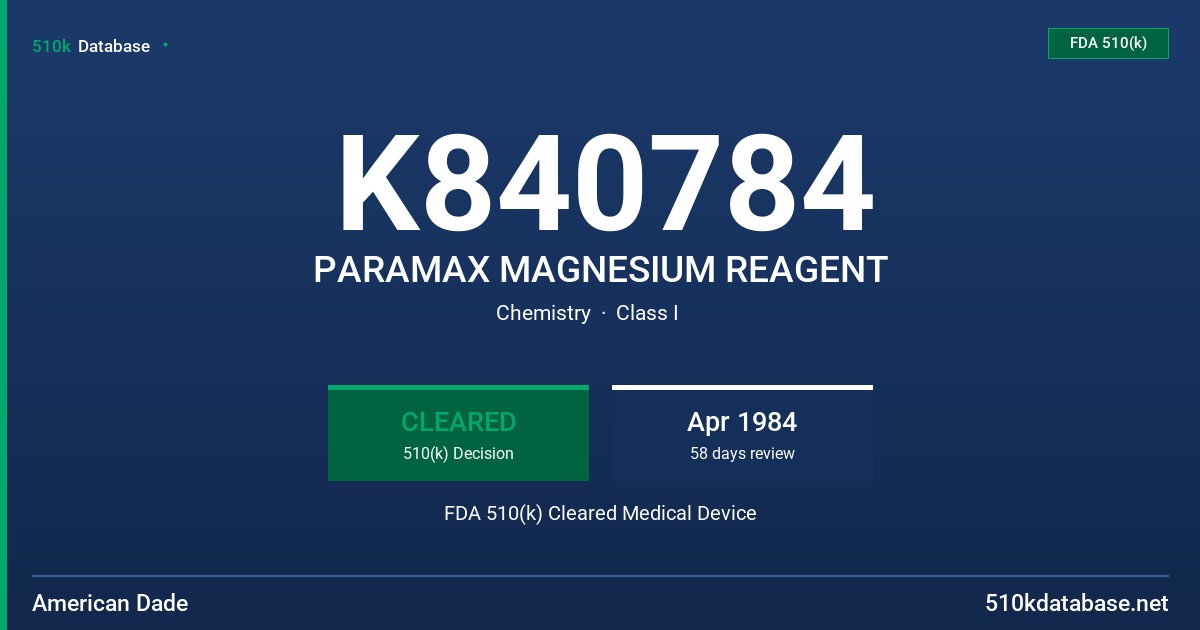 K840784 PARAMAX MAGNESIUM REAGENT FDA 510(k) Cleared Medical Device