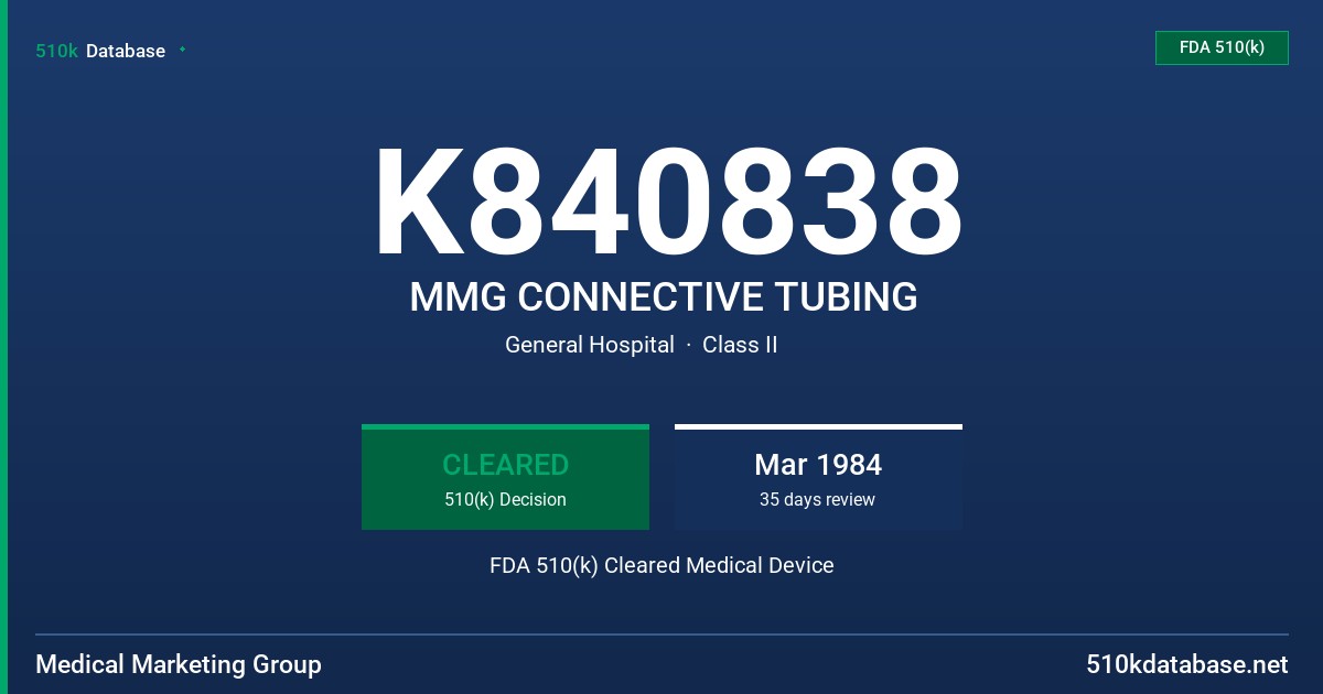 K840838 MMG CONNECTIVE TUBING FDA 510(k) Cleared Medical Device