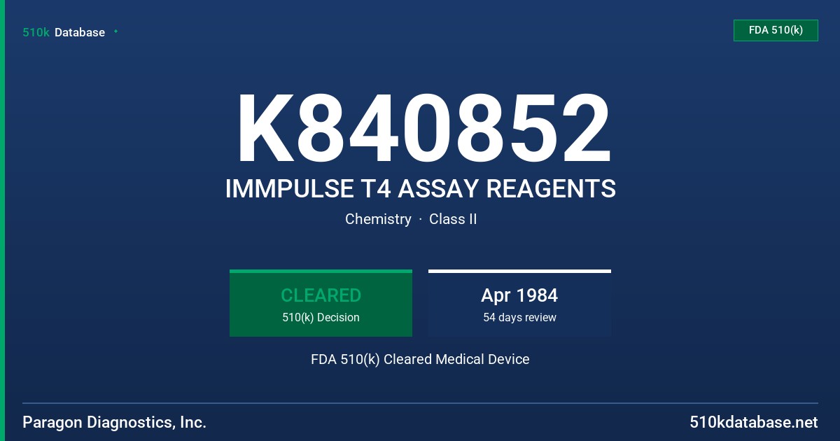 K840852 IMMPULSE T4 ASSAY REAGENTS FDA 510(k) Cleared Medical Device
