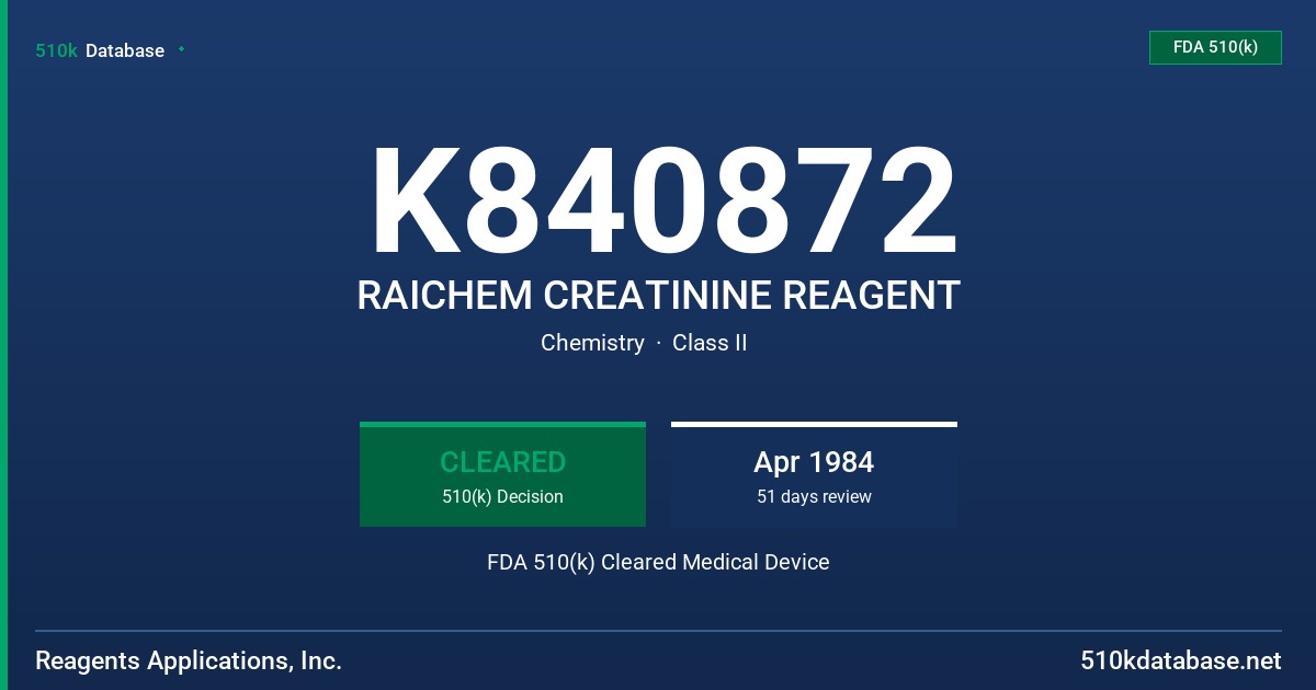 K840872 RAICHEM CREATININE REAGENT FDA 510(k) Cleared Medical Device