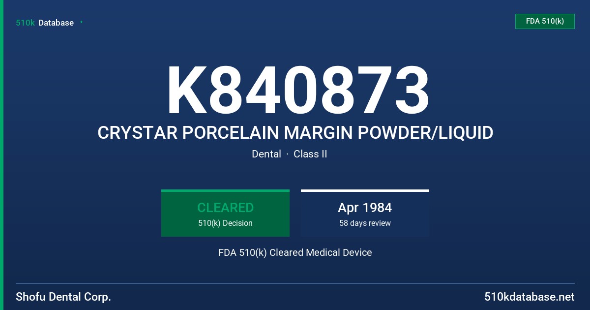 K840873 CRYSTAR PORCELAIN MARGIN POWDER/LIQUID FDA 510(k) Cleared Medical Device
