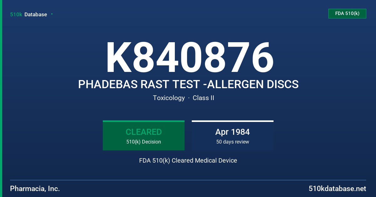 K840876 PHADEBAS RAST TEST -ALLERGEN DISCS FDA 510(k) Cleared Medical Device