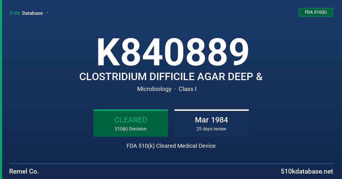 K840889 CLOSTRIDIUM DIFFICILE AGAR DEEP & FDA 510(k) Cleared Medical Device