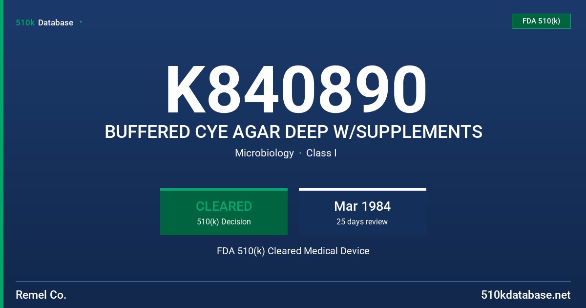 K840890 BUFFERED CYE AGAR DEEP W/SUPPLEMENTS FDA 510(k) Cleared Medical Device