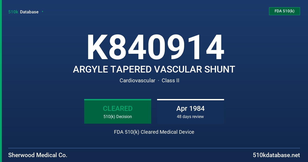 K840914 ARGYLE TAPERED VASCULAR SHUNT FDA 510(k) Cleared Medical Device