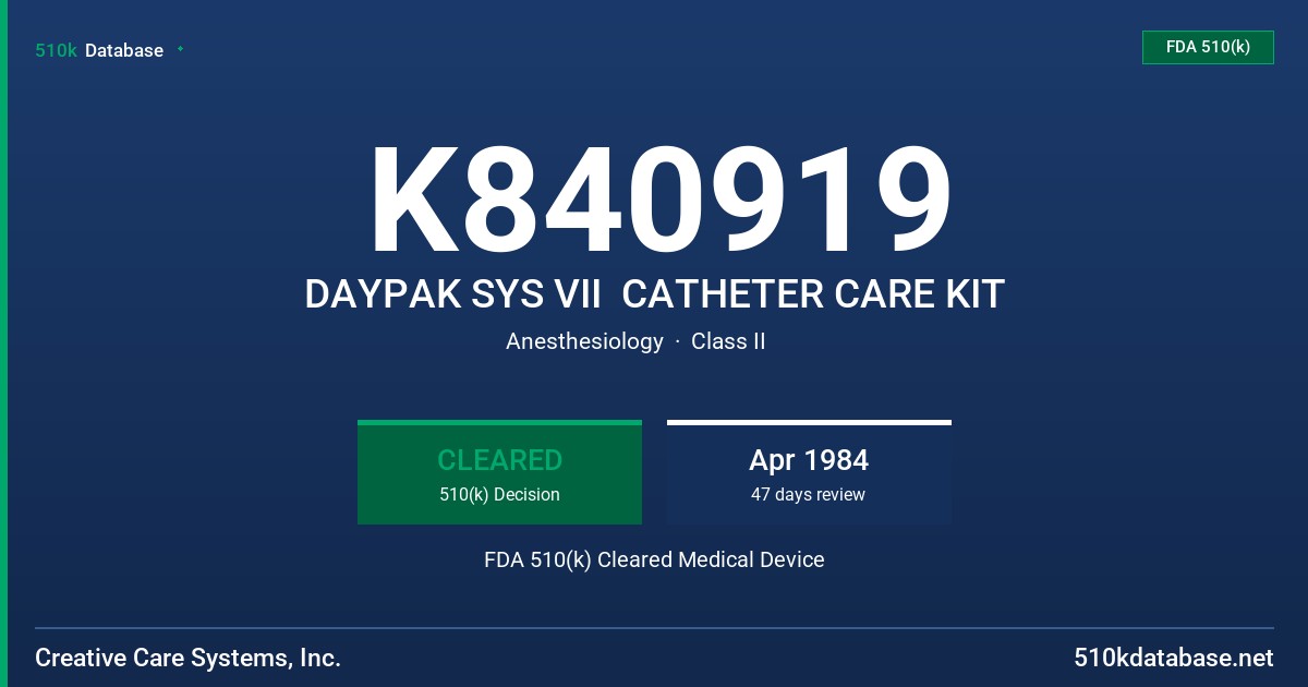 K840919 DAYPAK SYS VII  CATHETER CARE KIT FDA 510(k) Cleared Medical Device