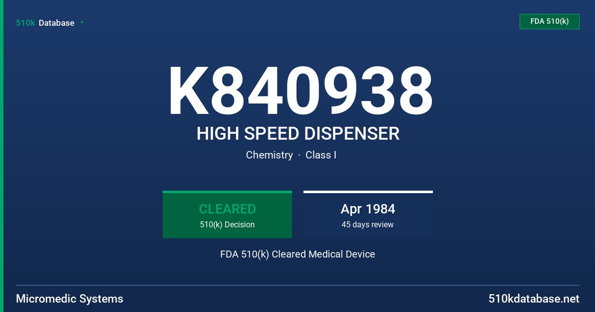 K840938 HIGH SPEED DISPENSER FDA 510(k) Cleared Medical Device