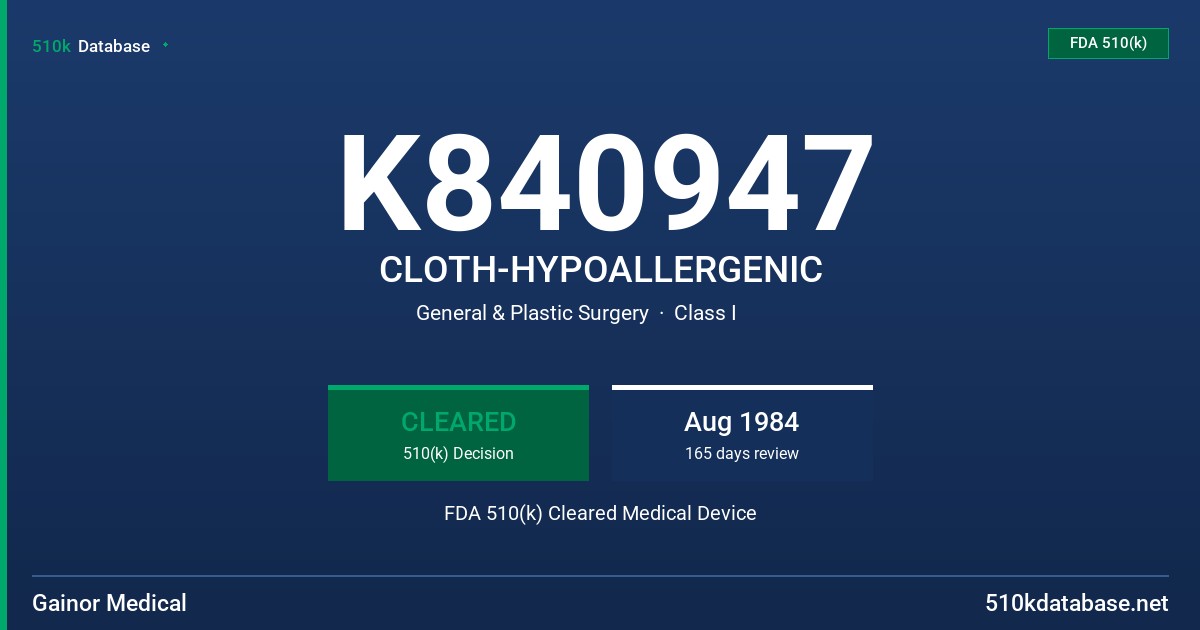 K840947 CLOTH-HYPOALLERGENIC FDA 510(k) Cleared Medical Device