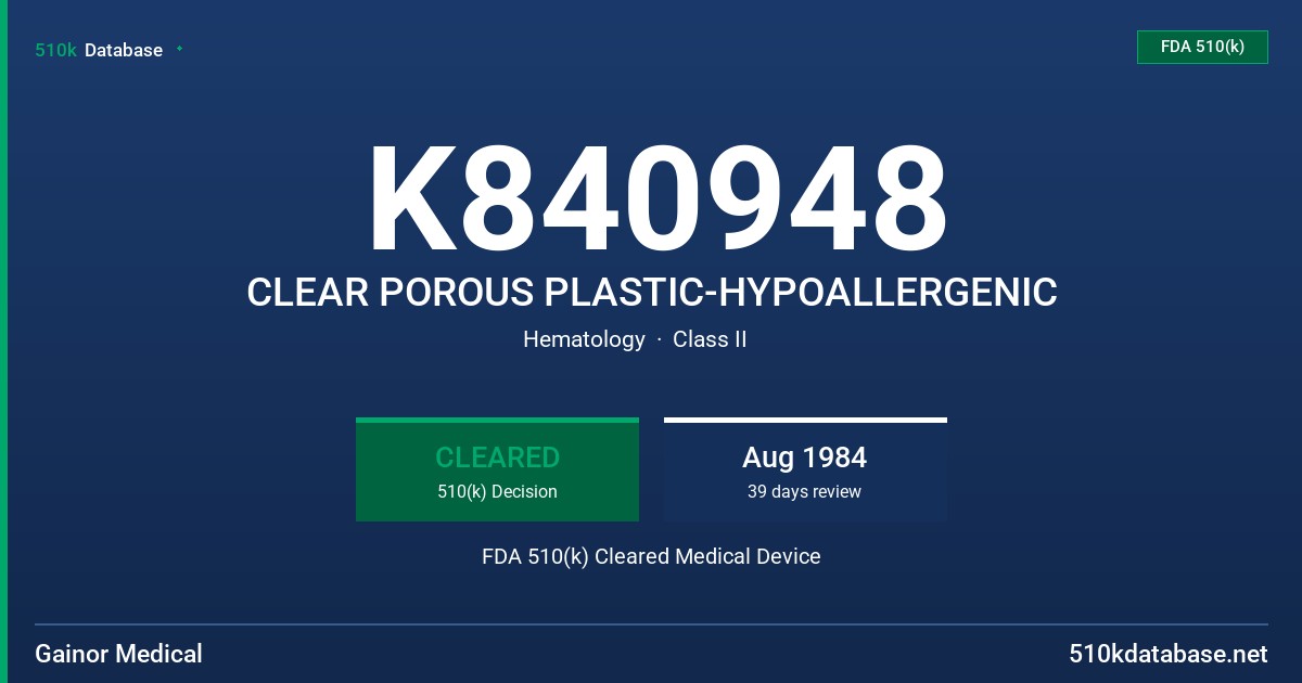 K840948 CLEAR POROUS PLASTIC-HYPOALLERGENIC FDA 510(k) Cleared Medical Device