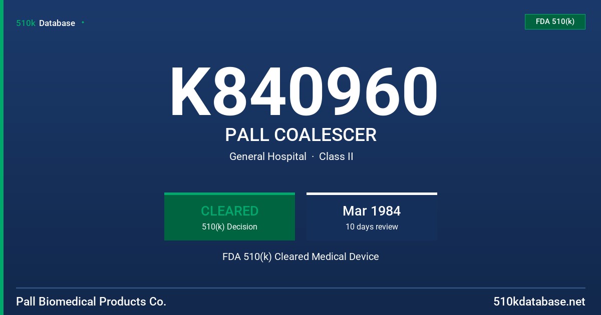 K840960 PALL COALESCER FDA 510(k) Cleared Medical Device