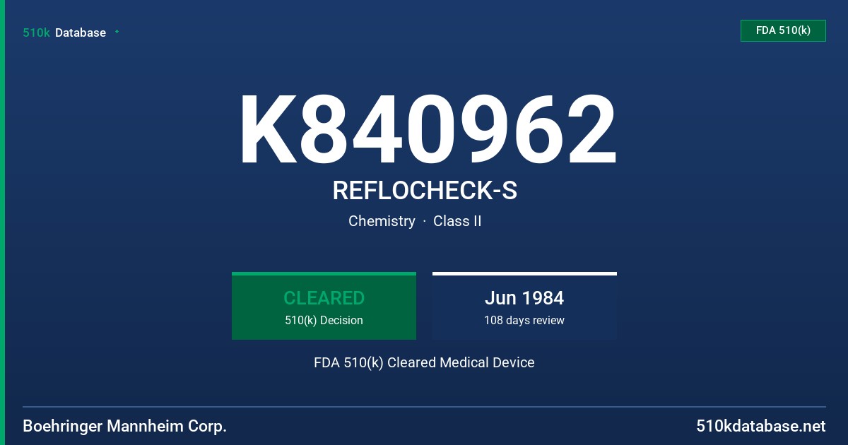 K840962 REFLOCHECK-S FDA 510(k) Cleared Medical Device