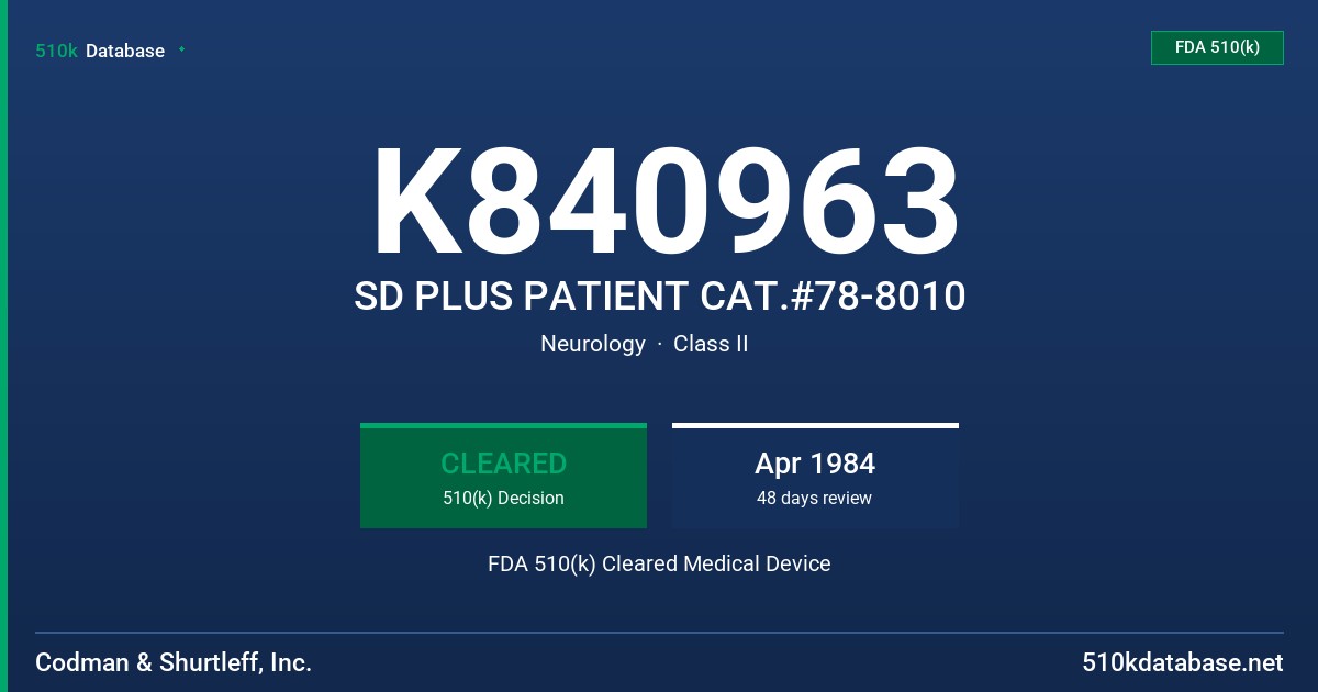 K840963 SD PLUS PATIENT CAT.#78-8010 FDA 510(k) Cleared Medical Device