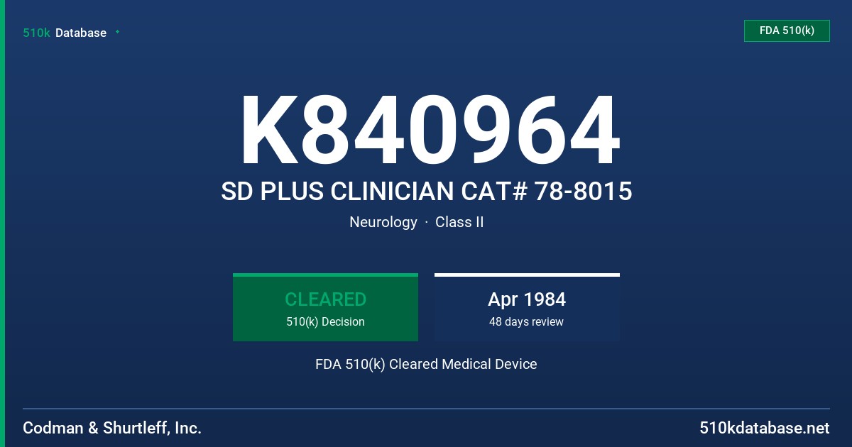 K840964 SD PLUS CLINICIAN CAT# 78-8015 FDA 510(k) Cleared Medical Device