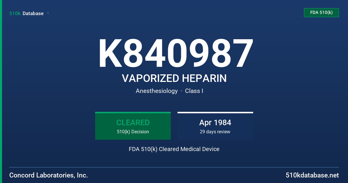 K840987 VAPORIZED HEPARIN FDA 510(k) Cleared Medical Device