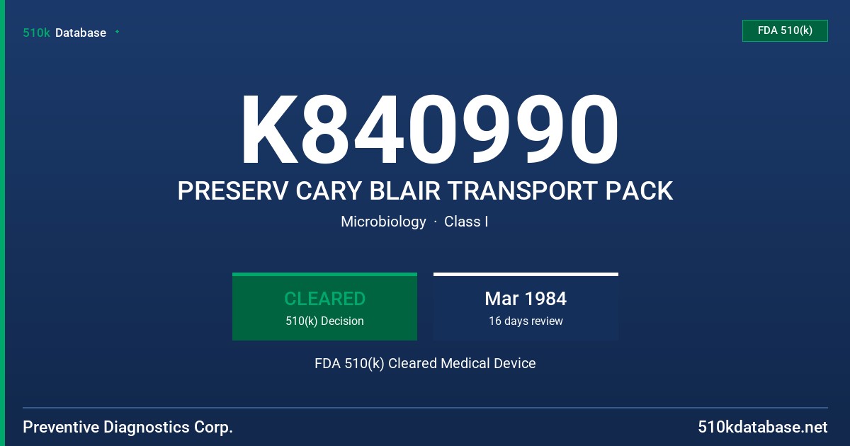K840990 PRESERV CARY BLAIR TRANSPORT PACK FDA 510(k) Cleared Medical Device