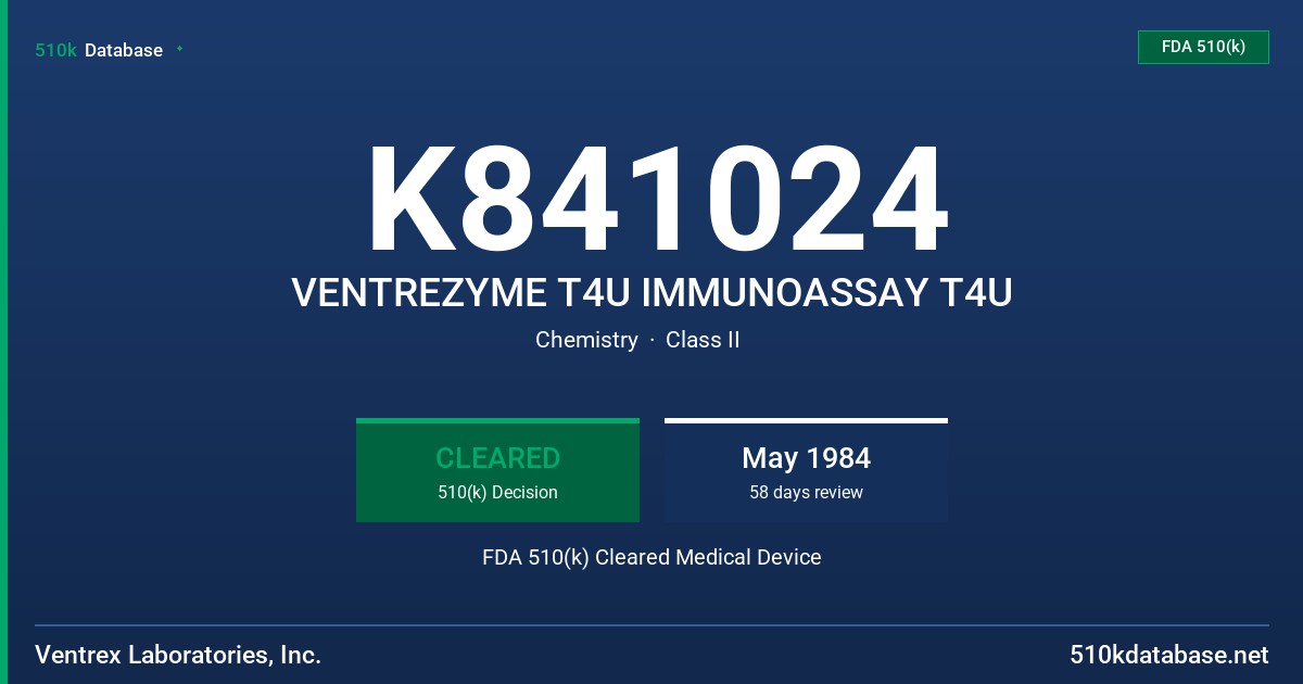 K841024 VENTREZYME T4U IMMUNOASSAY T4U FDA 510(k) Cleared Medical Device