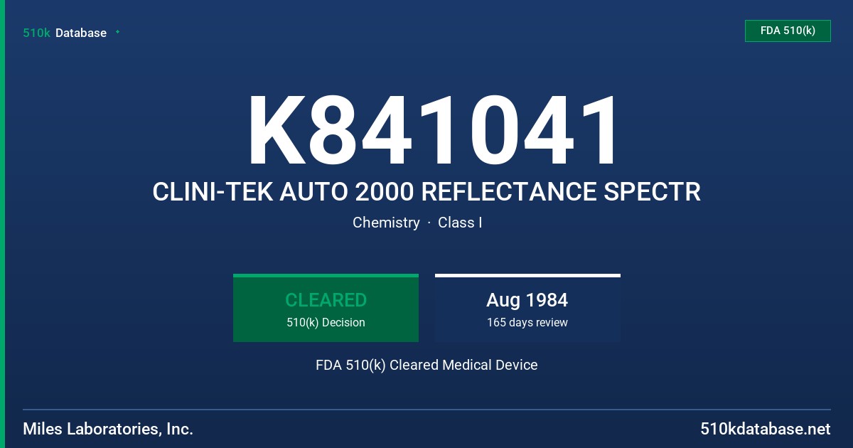K841041 CLINI-TEK AUTO 2000 REFLECTANCE SPECTR FDA 510(k) Cleared Medical Device