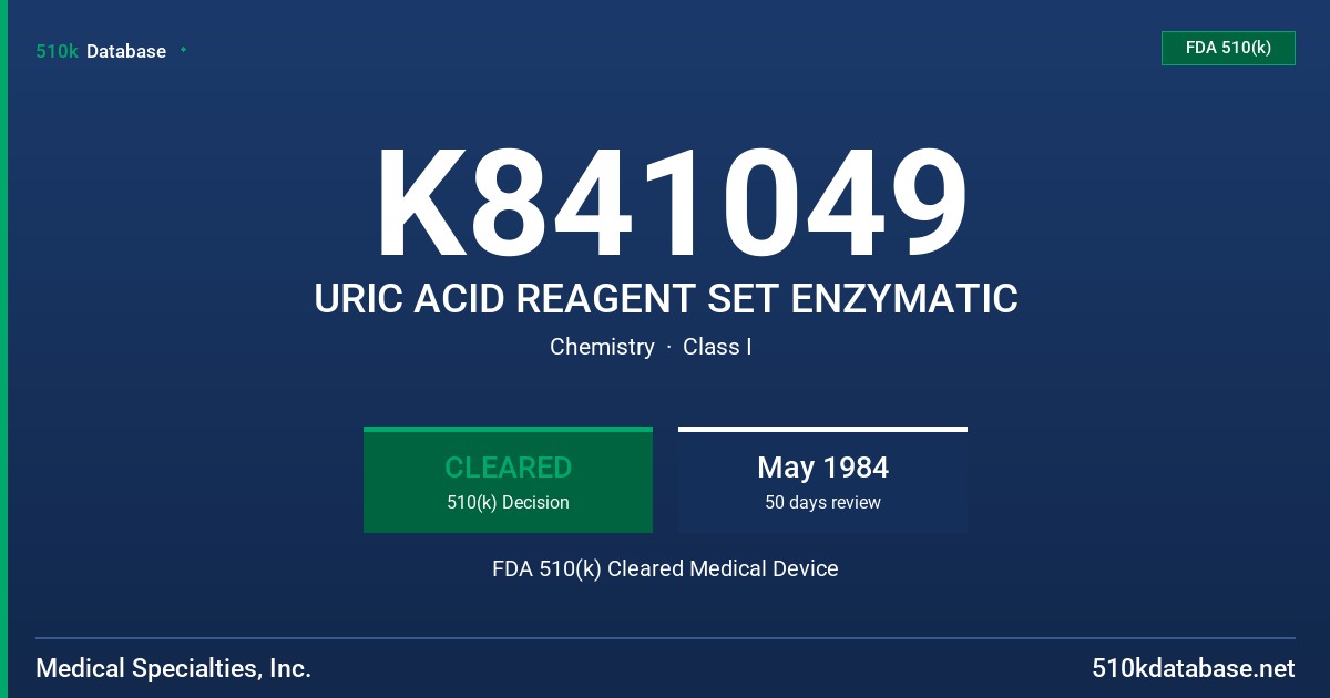 K841049 URIC ACID REAGENT SET ENZYMATIC FDA 510(k) Cleared Medical Device