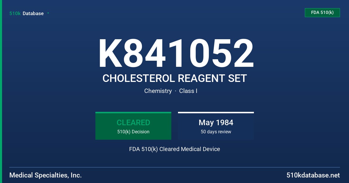 K841052 CHOLESTEROL REAGENT SET FDA 510(k) Cleared Medical Device