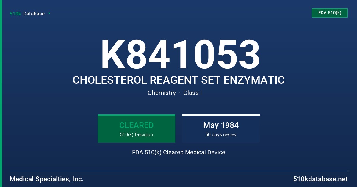 K841053 CHOLESTEROL REAGENT SET ENZYMATIC FDA 510(k) Cleared Medical Device