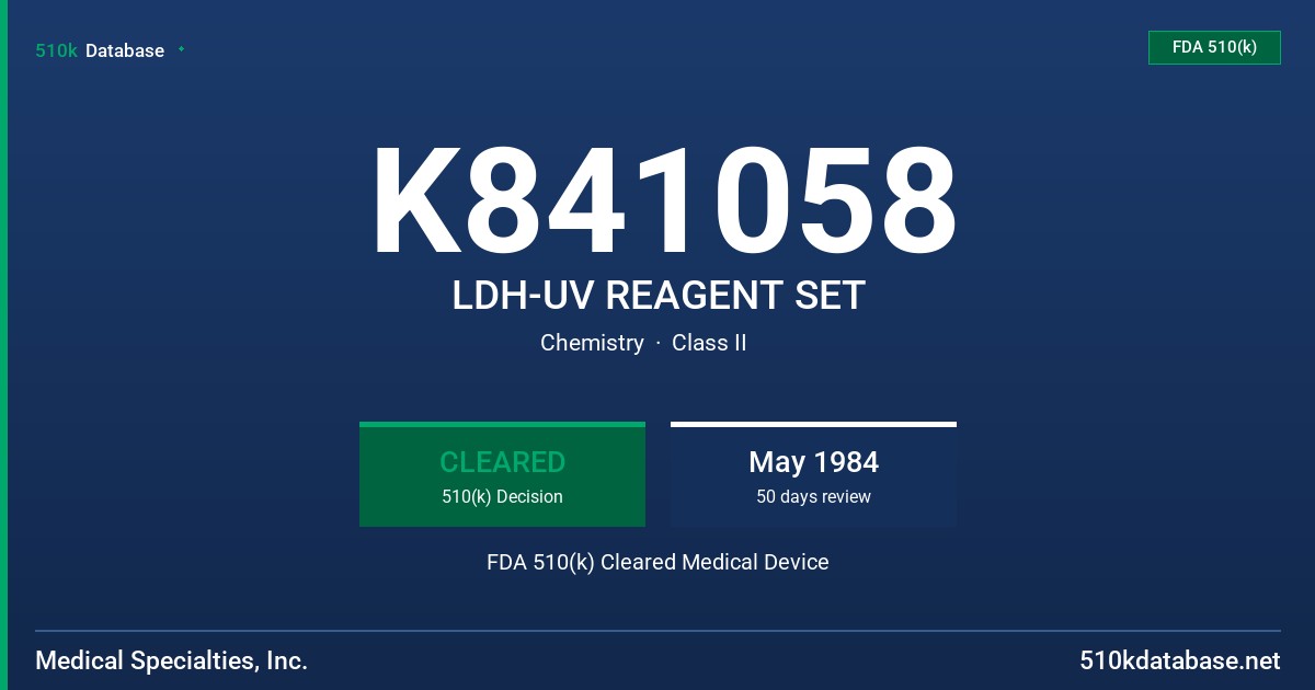 K841058 LDH-UV REAGENT SET FDA 510(k) Cleared Medical Device