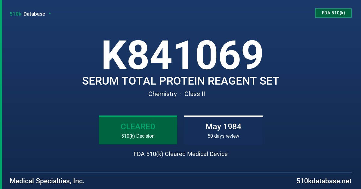 K841069 SERUM TOTAL PROTEIN REAGENT SET FDA 510(k) Cleared Medical Device