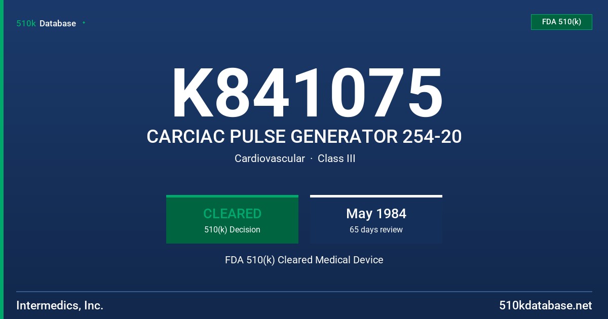 K841075 CARCIAC PULSE GENERATOR 254-20 FDA 510(k) Cleared Medical Device