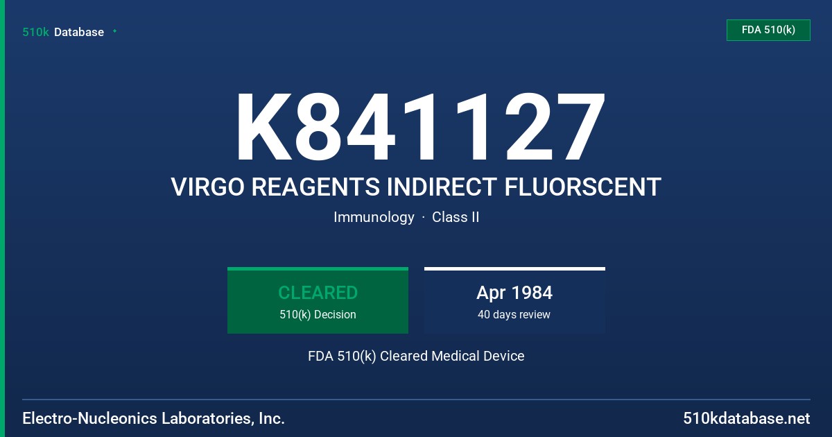 K841127 VIRGO REAGENTS INDIRECT FLUORSCENT FDA 510(k) Cleared Medical Device