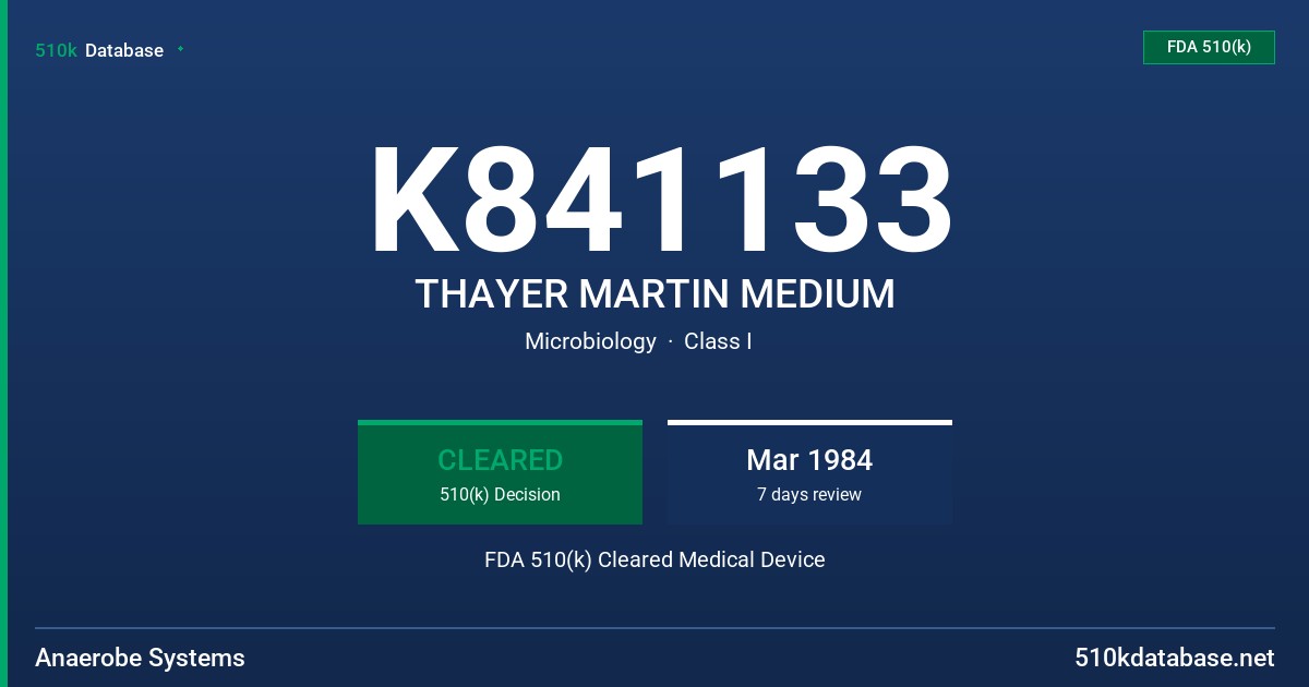 K841133 THAYER MARTIN MEDIUM FDA 510(k) Cleared Medical Device