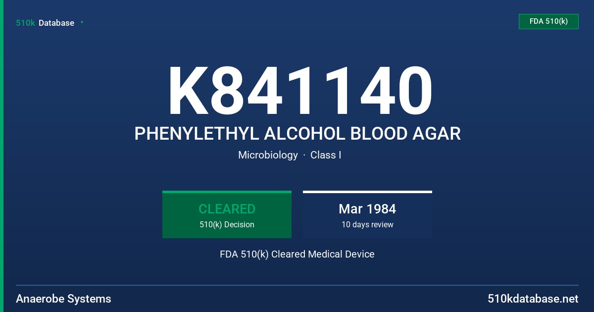 K841140 PHENYLETHYL ALCOHOL BLOOD AGAR FDA 510(k) Cleared Medical Device