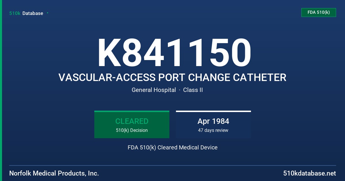 K841150 VASCULAR-ACCESS PORT CHANGE CATHETER FDA 510(k) Cleared Medical Device