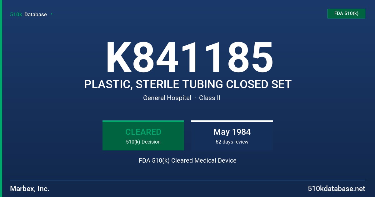 K841185 PLASTIC, STERILE TUBING CLOSED SET FDA 510(k) Cleared Medical Device