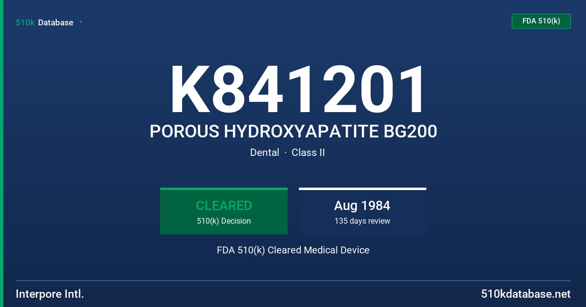 K841201 POROUS HYDROXYAPATITE BG200 FDA 510(k) Cleared Medical Device