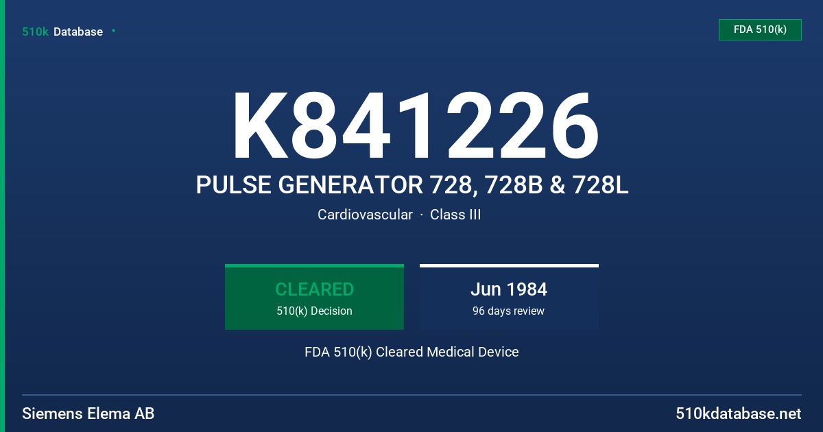 K841226 PULSE GENERATOR 728, 728B & 728L FDA 510(k) Cleared Medical Device