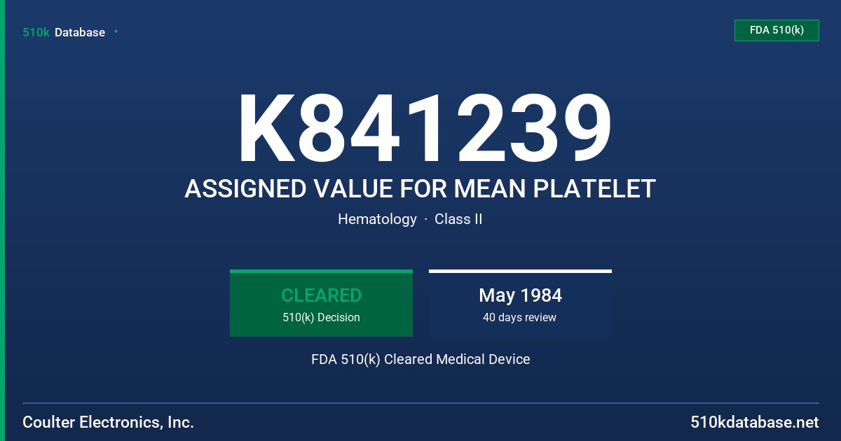K841239 ASSIGNED VALUE FOR MEAN PLATELET FDA 510(k) Cleared Medical Device