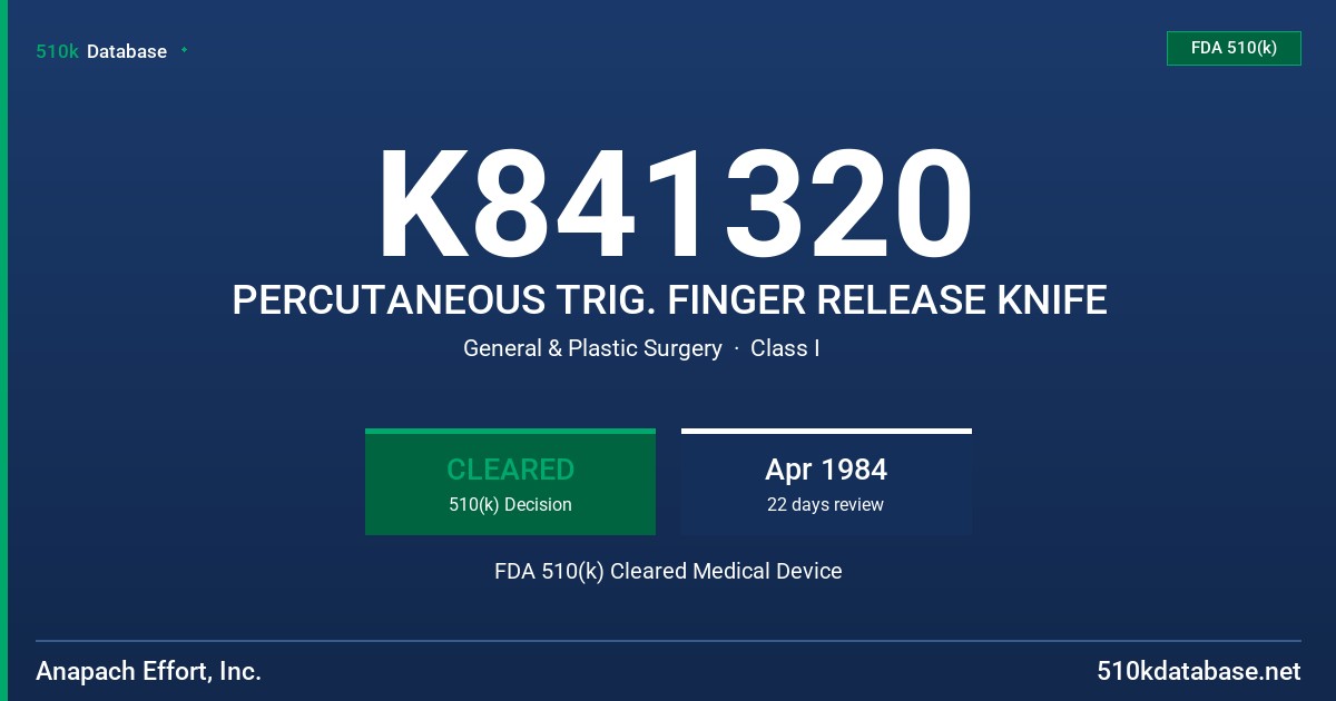 K841320 PERCUTANEOUS TRIG. FINGER RELEASE KNIFE FDA 510(k) Cleared Medical Device