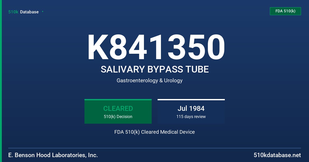 K841350 SALIVARY BYPASS TUBE FDA 510(k) Cleared Medical Device