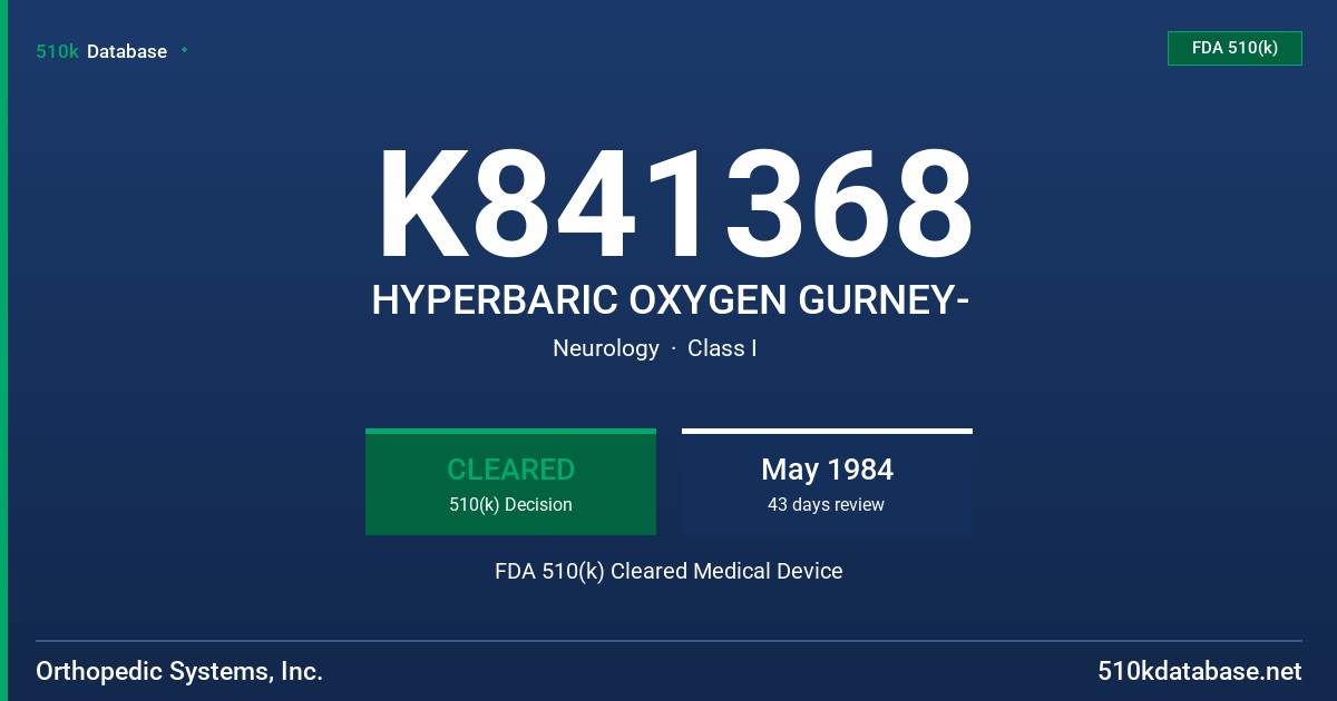 K841368 HYPERBARIC OXYGEN GURNEY- FDA 510(k) Cleared Medical Device