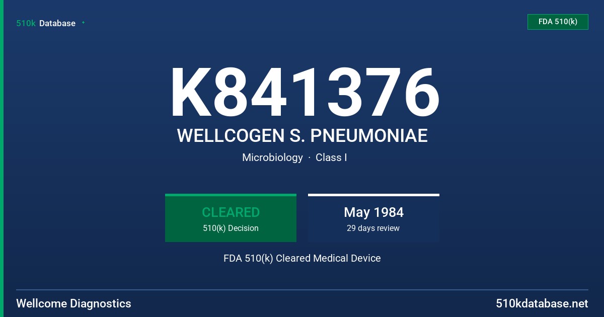 K841376 WELLCOGEN S. PNEUMONIAE FDA 510(k) Cleared Medical Device