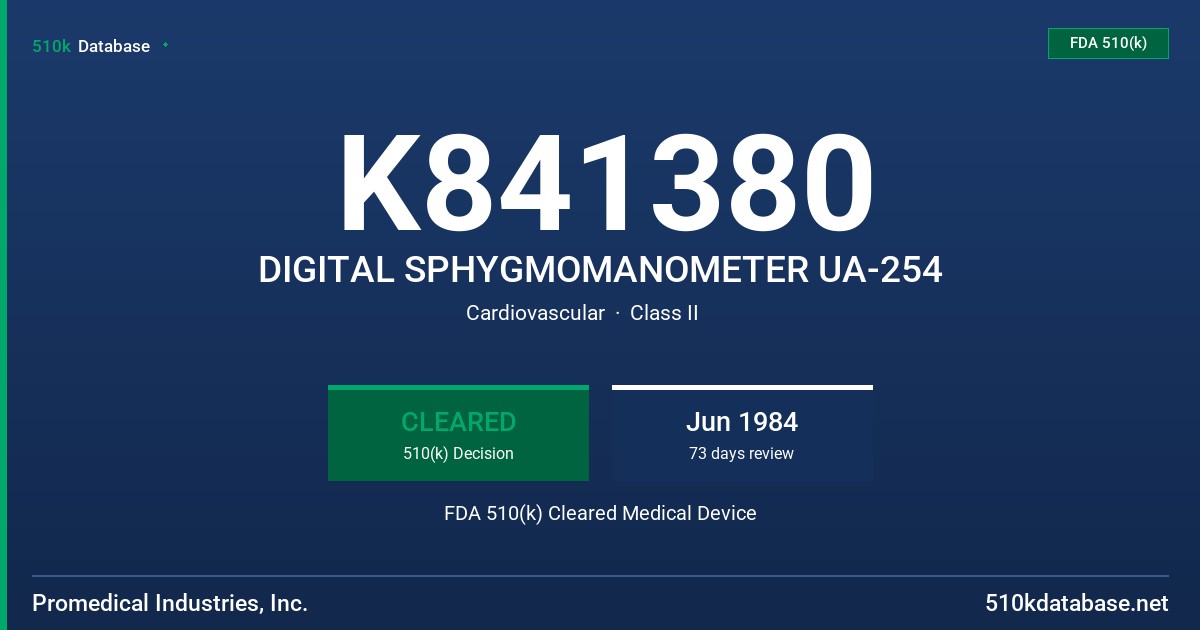 K841380 DIGITAL SPHYGMOMANOMETER UA-254 FDA 510(k) Cleared Medical Device