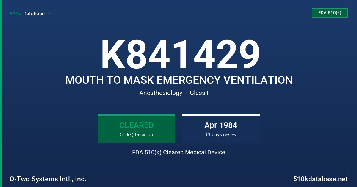K841429 MOUTH TO MASK EMERGENCY VENTILATION FDA 510(k) Cleared Medical Device