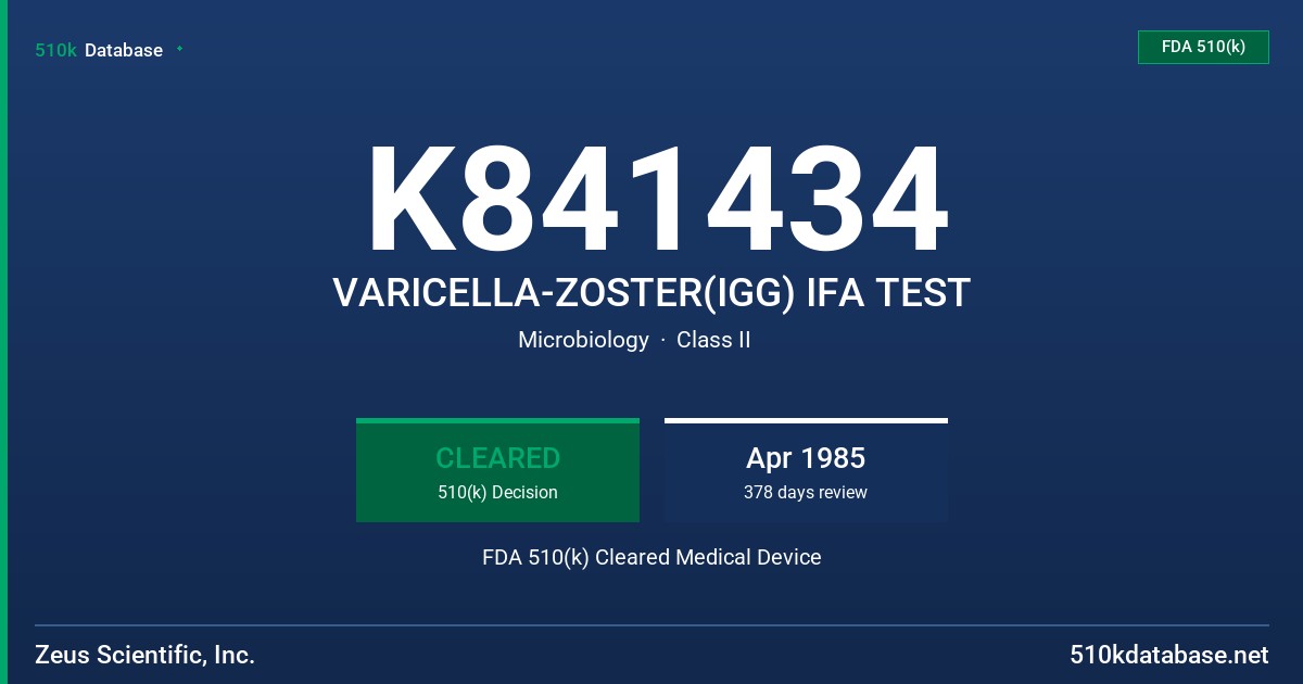 K841434 VARICELLA-ZOSTER(IGG) IFA TEST FDA 510(k) Cleared Medical Device