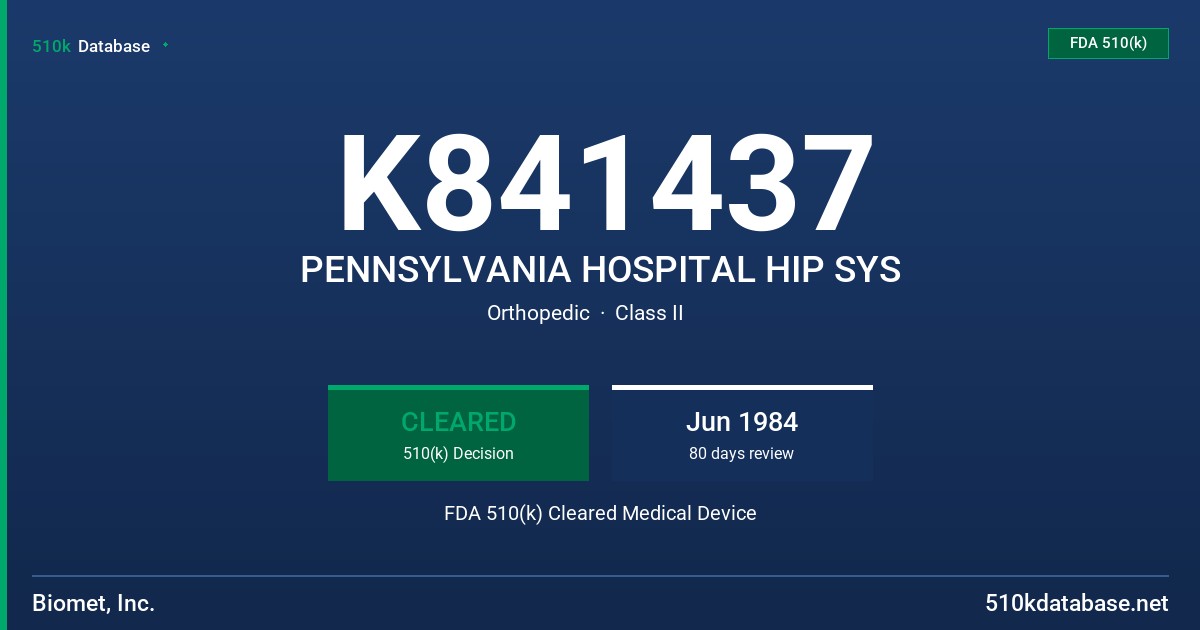 K841437 PENNSYLVANIA HOSPITAL HIP SYS FDA 510(k) Cleared Medical Device
