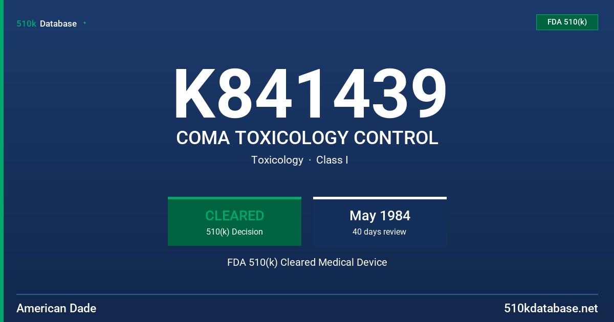 K841439 COMA TOXICOLOGY CONTROL FDA 510(k) Cleared Medical Device