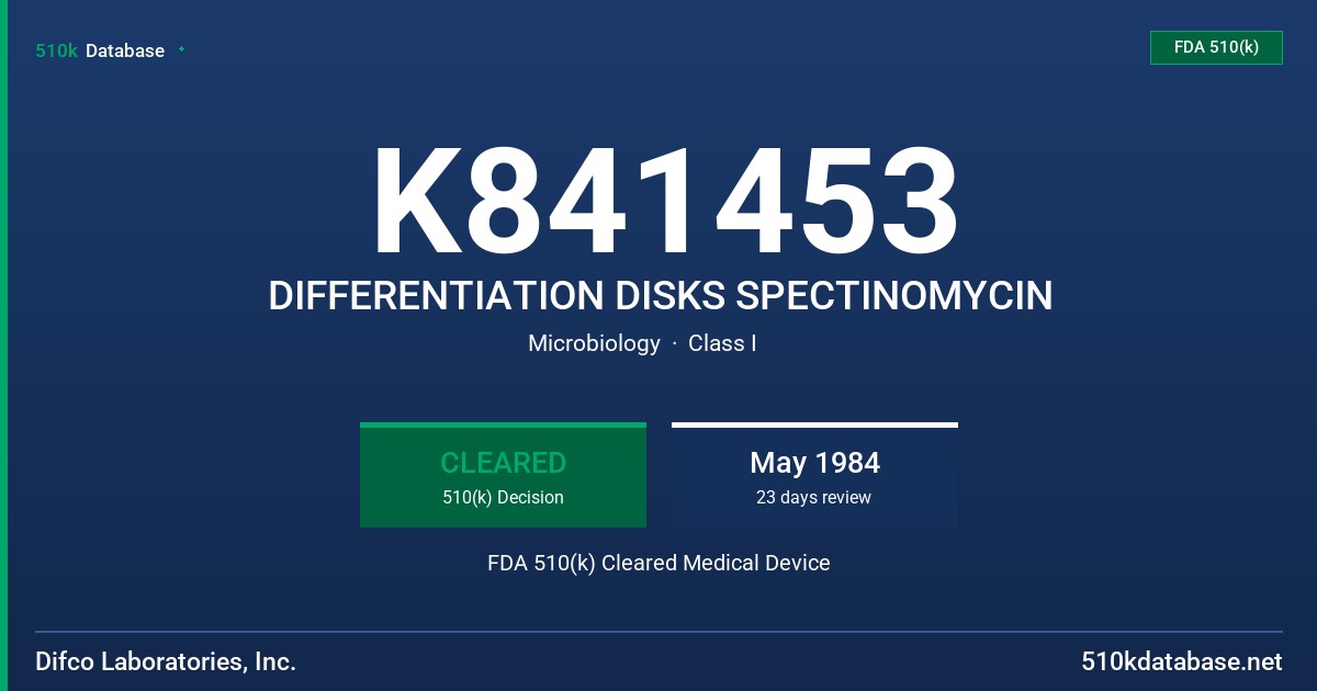 K841453 DIFFERENTIATION DISKS SPECTINOMYCIN FDA 510(k) Cleared Medical Device