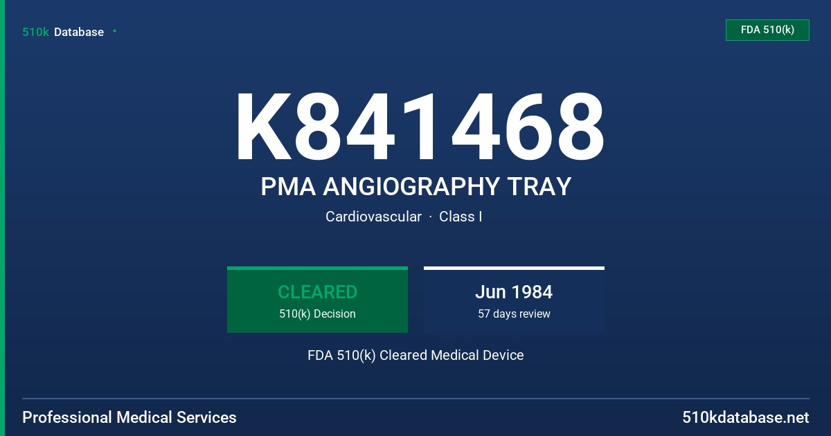K841468 PMA ANGIOGRAPHY TRAY FDA 510(k) Cleared Medical Device