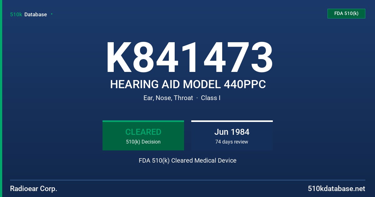 K841473 HEARING AID MODEL 440PPC FDA 510(k) Cleared Medical Device
