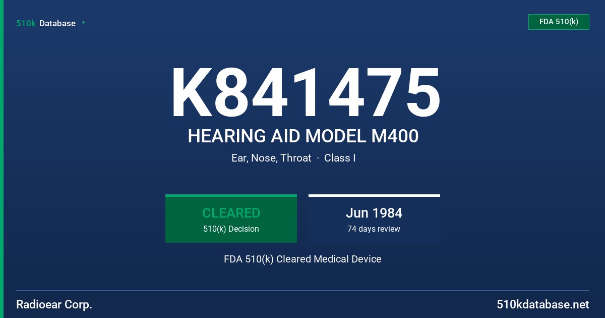 K841475 HEARING AID MODEL M400 FDA 510(k) Cleared Medical Device